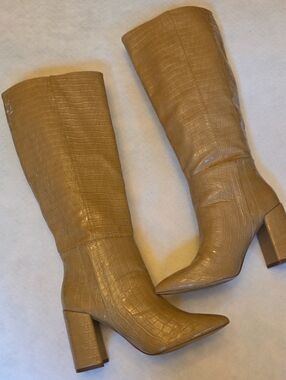 Lulu's Camel Croc-Embossed Knee-High Block Heel Boots